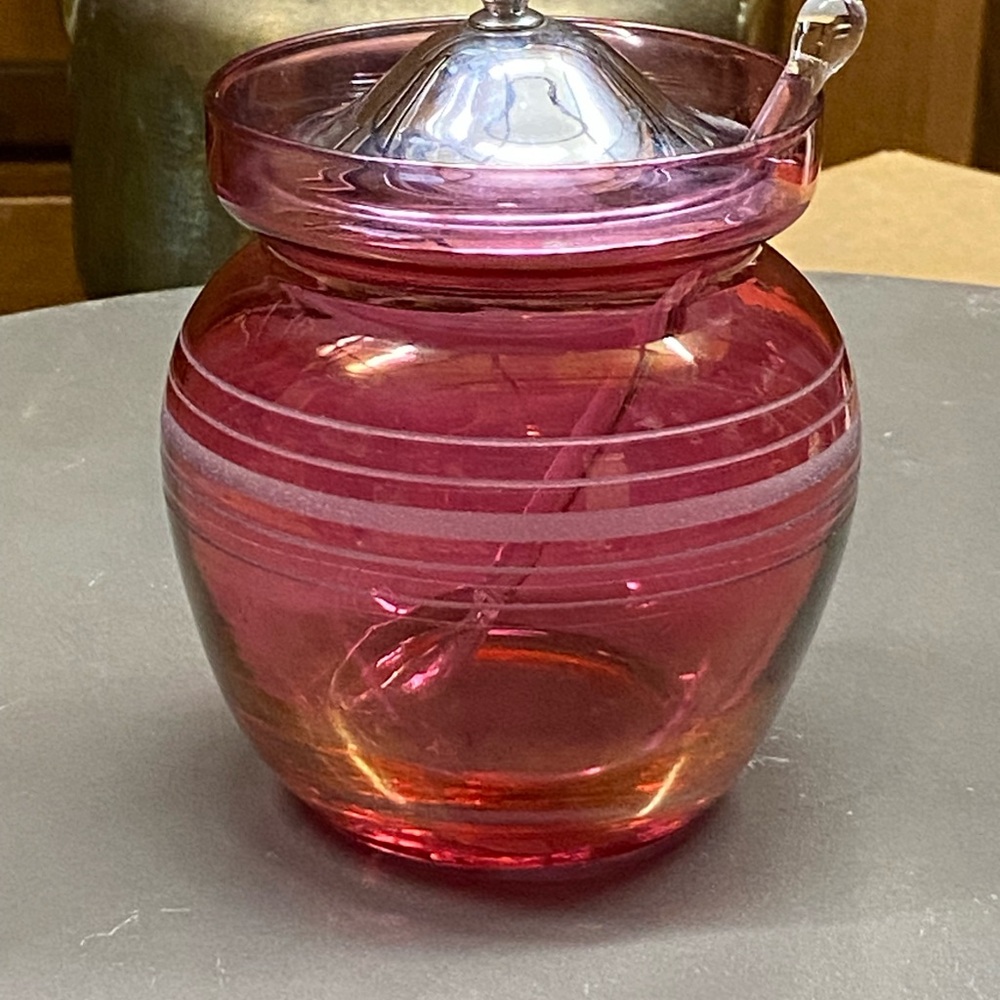 Pink Glass Jar with Lid and Spoon